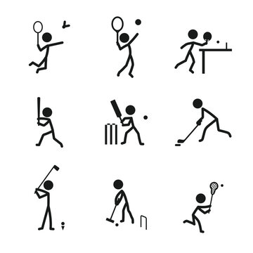 Racquet sports icon pictogram vector set. Stick figure men sports players vector icon sign symbol pictogram. Badminton, tennis, baseball, golf, hockey, croquet, lacrosse, table tennis, cricket icons