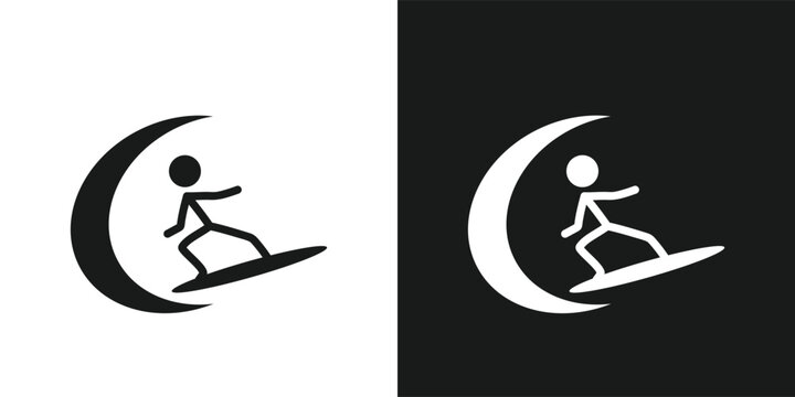 Surfing Icon Pictogram Vector Design. Stick Figure Man Surfer On The Surfing Board And Waves Vector Icon Sign Symbol Pictogram. Water Sports Concept