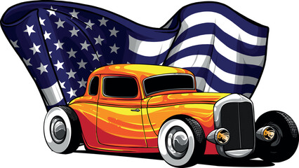 vector illustration of hot rod car with american flag - obrazy, fototapety, plakaty
