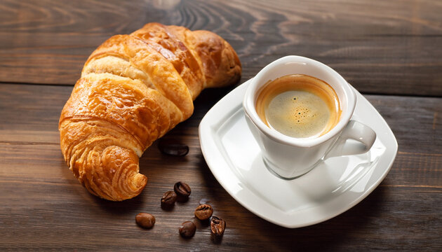 Croissant and coffee on wooden table. Generative AI