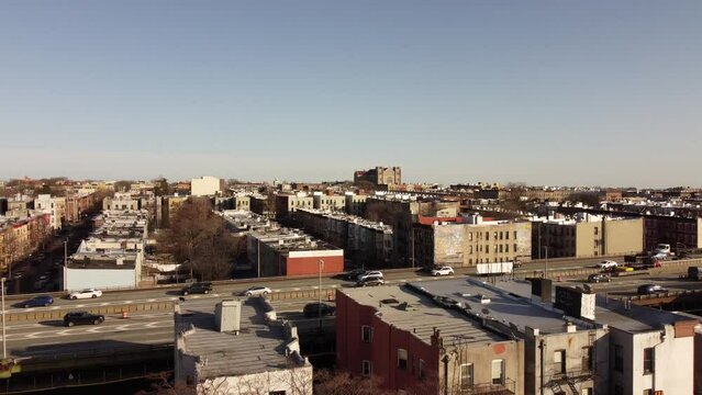 Aerial drone footage of South Brooklyn, Sunset Park, New York, United States 4K
