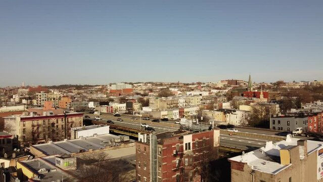 Aerial drone footage of South Brooklyn, Sunset Park, New York, United States 4K