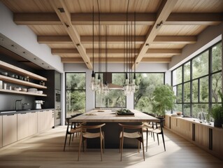 Modern contemporary wooden kitchen room. Generative AI