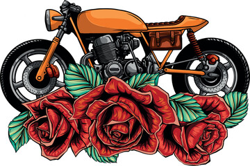 vector illustration classic cafe racer motorcycle and roses - 613698485