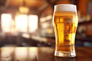 beverage pint foam gold beer lager alcohol pub glass drink. Generative AI.
