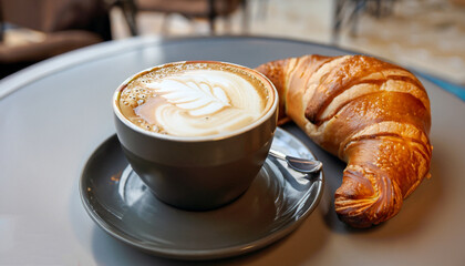 Cup of cappuccino coffee in a cafe with a croissant