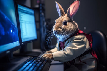 Rabbit Working as a Programmer with Advanced Computer Technology Looks Very Professional