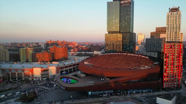Scenic Aerial Views of Barclay Center During Sunset