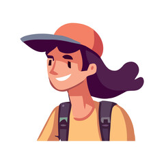 Cute cartoon girl with backpack smiles happily