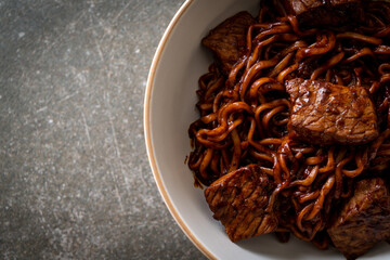 Jjapaguri or Chapaguri, Korean Black Beans Spicy Noodles with Beef
