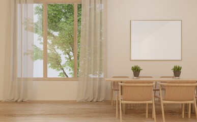 Fototapeta premium Dining seats next to the window in the living room with an empty picture frame on the wall in a bohemian style room in beige tone.3d rendering