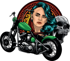 Fototapeta na wymiar vector illustation of chopper motorcycle with skull and woman head