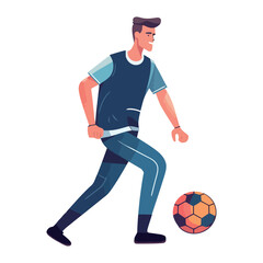 man in blue shirts kick soccer ball, smiling