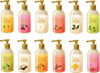 Cute vector illustration of various girly woman beauty products in expensive glass bottle dispensers.