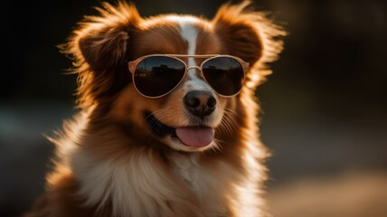 A cute and happy dog smiling with sunglasses. Generative AI illustration.