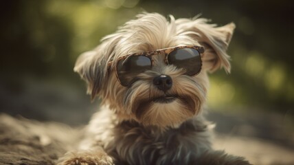 A cute and happy dog smiling with sunglasses. Generative AI illustration.