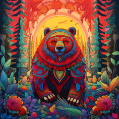 A dreamy bear resides in a modern-style forest, depicted through the lens of psychedelic graphic design, intricate world mapping, and nightscapes. / Generative AI