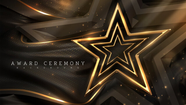 Luxury award ceremony background with gold star frame and spotlight effects and bokeh decorations.