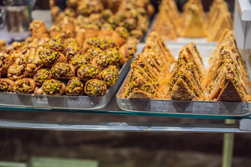 Traditional oriental sweet pastry cookies, nuts, dried fruits, pastilles, marmalade, Turkish desert with sugar, honey and pistachio, in display at a street food market