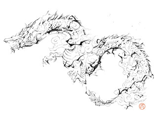 年賀状, ベクター, 辰, 辰年, 2024年, 2024, 龍, 正月, ドラゴン, 筆書き, 筆文字, フレーム, 水彩, 筆, 雲, 雷, お正月, 日本画, 和, ビジネス, 線画, 