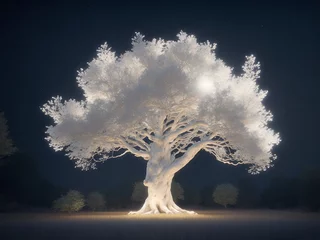 Keuken foto achterwand Sprookjesbos A giant white glowing tree of life in the forest at night, tree of life concept -Generative Ai