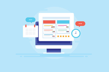 Organising company workflow process, project management software app, team collaboration and communication, task completion, marketing and report on pc screen vector illustration.