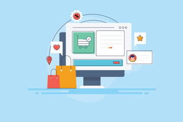 Ecommerce website or online shopping store on computer screen with discount coupon offer, customer feedback, shopping bag concept. Filled outline vector illustration.