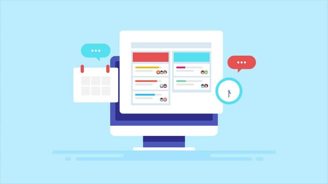 Project management software managing office work, team collaboration, complete task at time, workflow process, company organisation and communication app on pc screen, video animation.