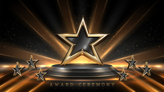 3D stars on black podium with golden light motion decoration and bokeh. Elegant award ceremony background. Vector illustration.