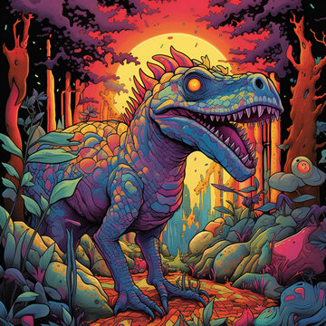 An extraordinary dinosaur resides in a modern-style forest, depicted through the lens of psychedelic graphic design, intricate world mapping, and nightscapes.  / Generative AI