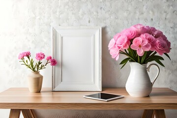 White square frame mockup with pink oleander in a vase. Copy space.