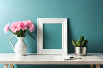 White square frame mockup with pink oleander in a vase. Flowers in a vase.