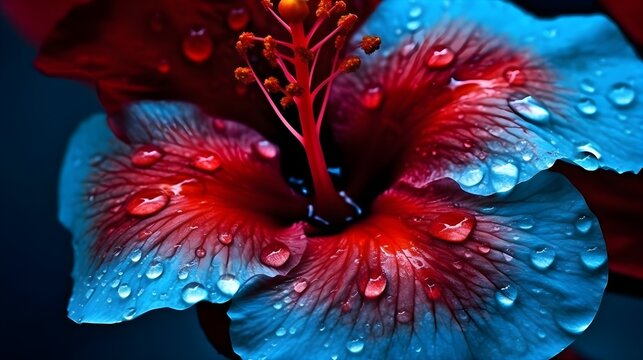 Macro shot close up flower of red blue hybrid Hibiscus rosa-sinensis or shoeblack plant with some water drops isolated on nature background. Generative AI technology.