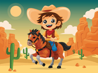 A cowboy kid riding a horse with desert western background