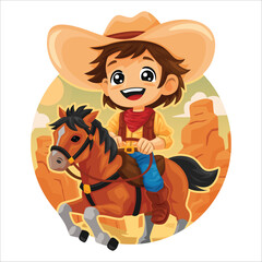 A cowboy kid riding a horse with desert western background