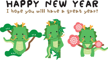 2024年　竜の年賀状　松竹梅　Happy New Year 手書き風文字メッセージ英語