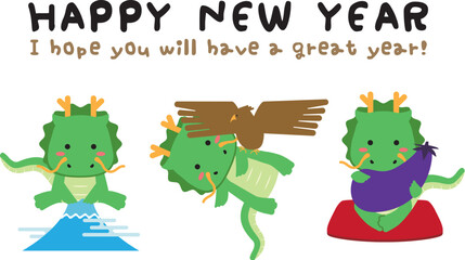 2024年　竜の年賀状　初夢　Happy New Year 手書き風文字メッセージ英語