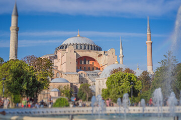 Tilt shift. Sunny day architecture and Hagia Sophia Museum, in Eminonu, istanbul, Turkey. Turkiye