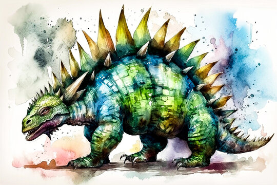 watercolor work depicting dinosaur among bright splashes of paint ai generation