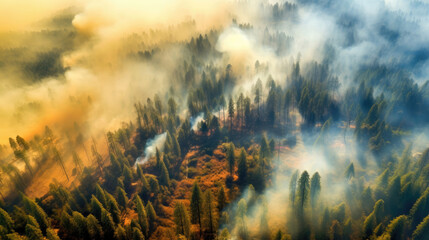 Naklejka premium Burning trees from wildfires and smoke cover the landscape, aerial view