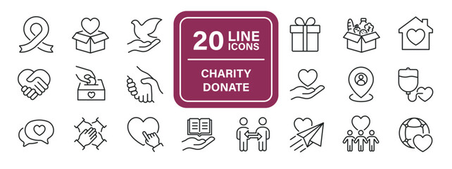Charity, donate line icons. Editable stroke. For website marketing design, logo, app, template, ui, etc. Vector illustration.