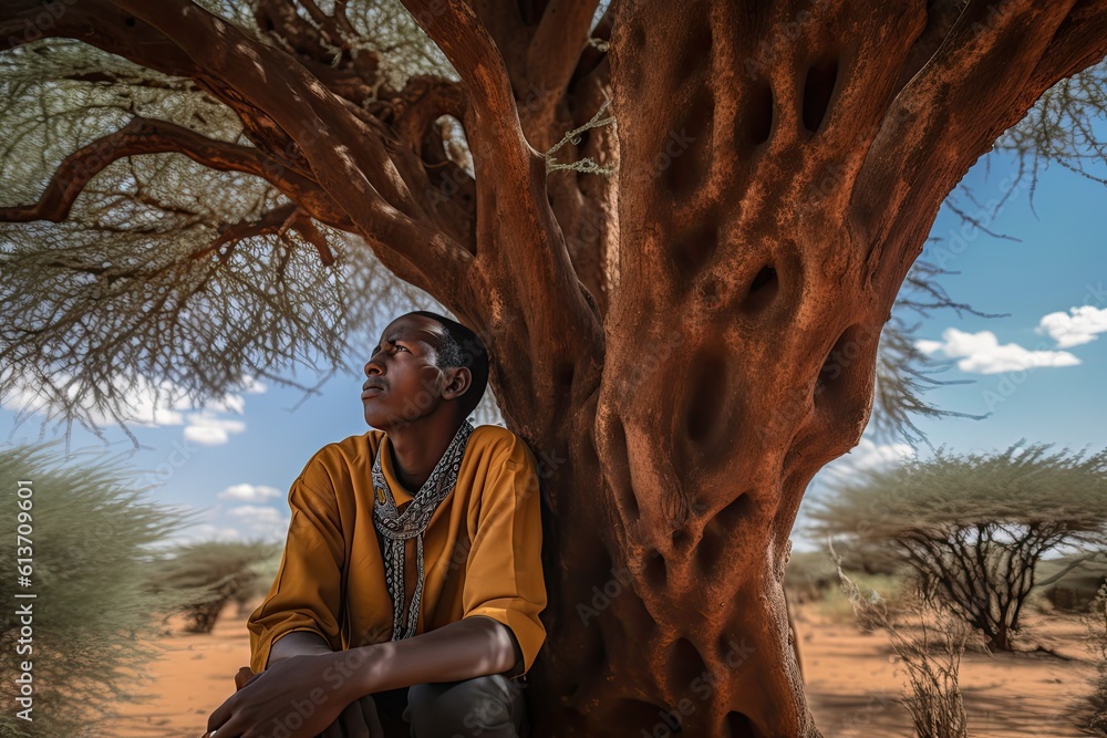 Poster a man sitting under a tree in the desert. generative ai.