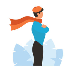 Man with a red scarf in the form of a superhero. Flat vector illustration.