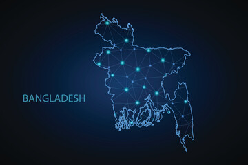 Map of Bangladesh from Polygonal wire frame low poly mesh, contours network line, luminous space stars, design sphere, dot and structure. Vector Illustration EPS10.