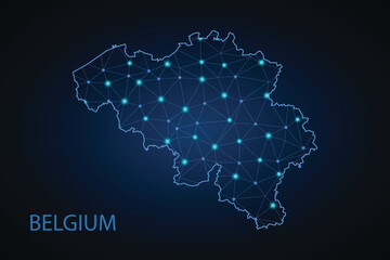 Abstract mash line and point scales on dark background with Map of Belgium. Wire frame 3D mesh polygonal network line, design sphere, dot and structure. communications map of Belgium.