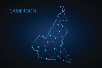 Map of Cameroon - With glowing point and lines scales on the dark gradient background, 3D mesh polygonal network connections.Vector illustration eps 10.