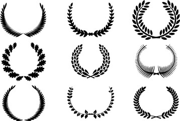 New modern Collection of silhouette of circular laurel wreaths depicting award or achievement.  Circular foliate laurels branches.Reuse in award logo, winner round emblem.