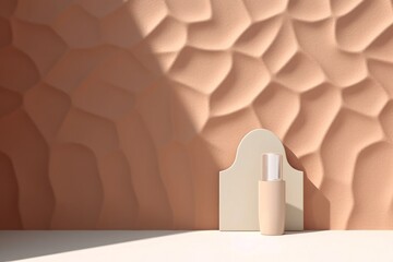 Minimal abstract cosmetic background for product presentation. Sunshade shadow on beige plaster wall. 3d render illustration. Generative AI