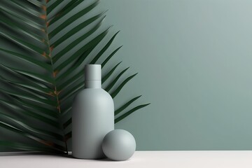 Minimal abstract cosmetic background for product presentation. Cosmetic bottle podium and green palm leaf on grey color background. 3d render illustration. Generative AI