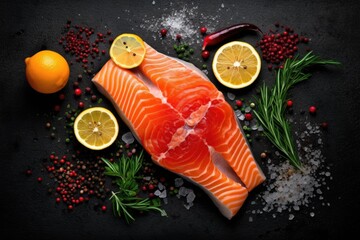 photograph of Fresh raw salmon fish steak with spices on dark stone background. Creative layout made of fish, top view, flat lay macro lens soft lighting